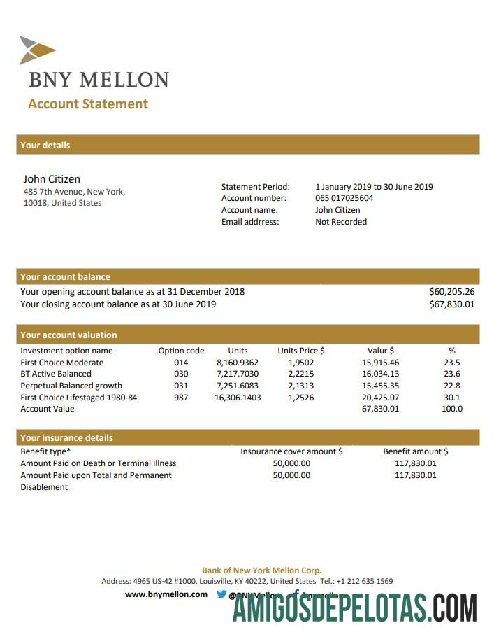 Modelo de extrato bancário com comprovante de endereço Mellon do Banco dos EUA em branco em formato Word e PDF (.doc e .pdf)